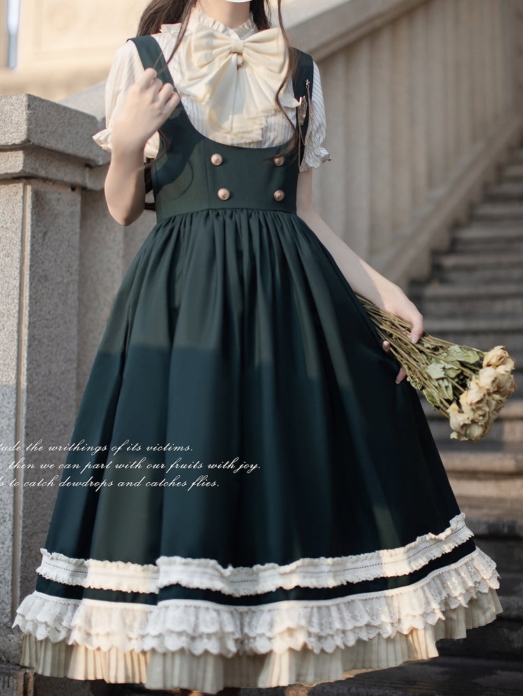 Green Overall Dress in High Waist Style Dark Preppy with Beige Lace Trim