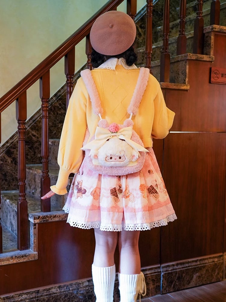Pink Decorated Lamb Backpack Plush Bowknot