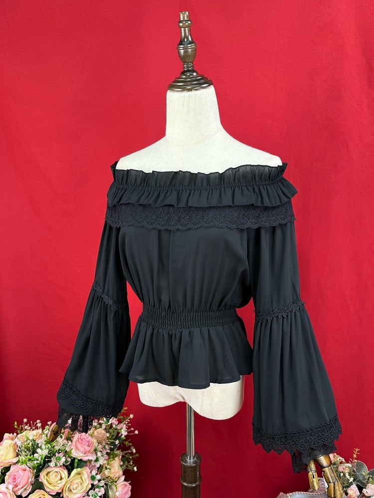 Black Elastic Neckline Chiffon Blouse Smocked Elastic Waist