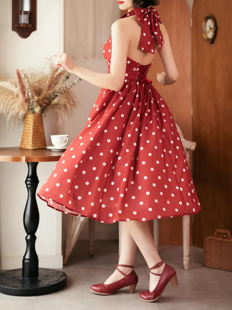 Fashion Bow Halter Polka Retro Back Print Dress Pattern Neck Red Dots Backless Big