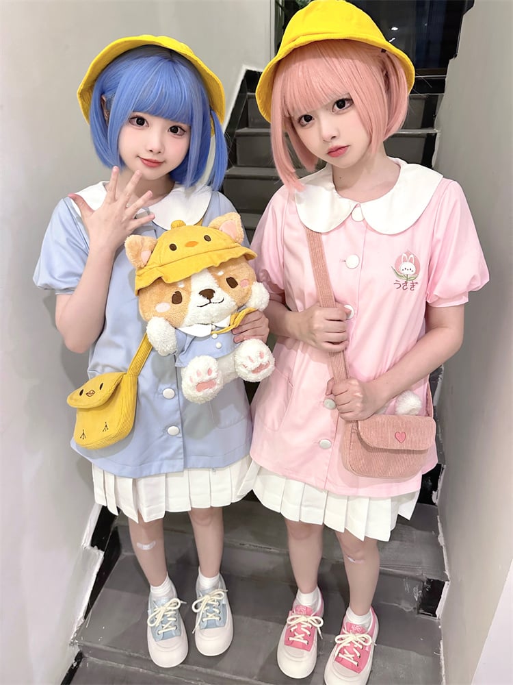 Haut rose clair à manches bouffantes et col Peter Pan avec motif lapin
