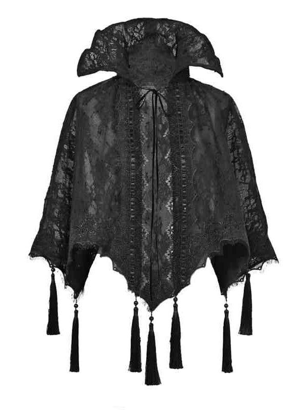 Goth Quasten Saum Spitze Vampir Ständer Schwarz Kragen Cape Schal