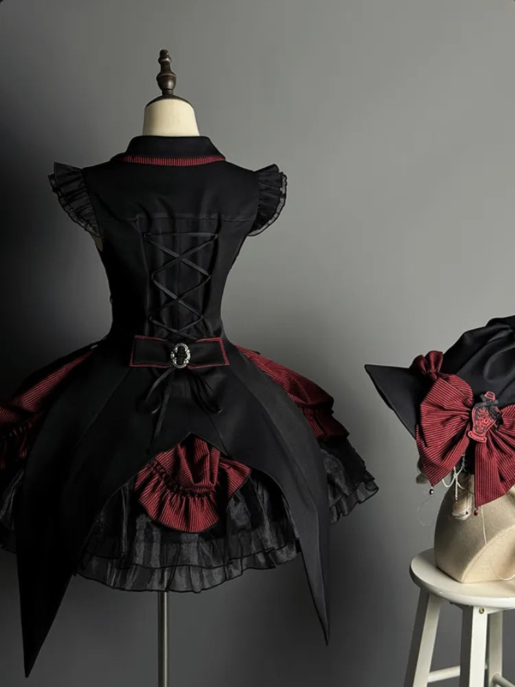 Red and Black Boned Waist Drawstring Striped Pattern Hem Halloween Gothic Lolita Dress