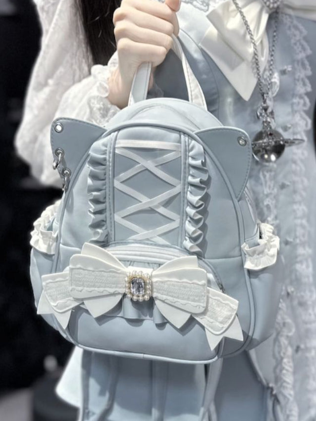 Jirai Kei Blauer Rucksack mit Katzenohren und Schleife aus Perlen und Strass