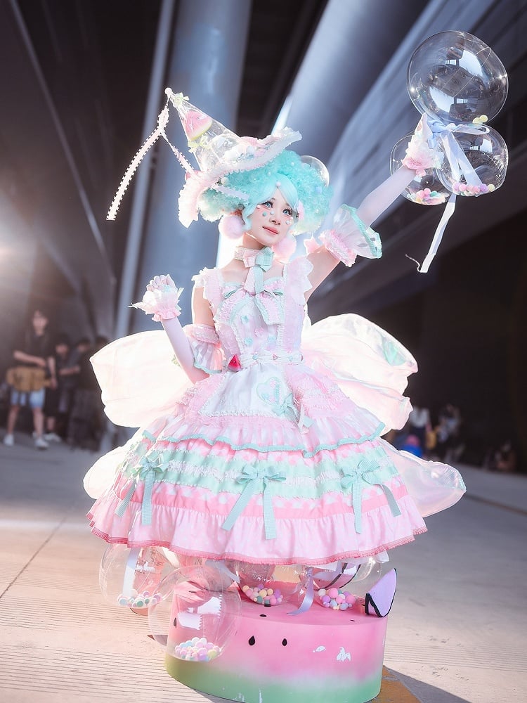 Lolita Dress Cake Sweet Bow and Accents Skirt Tiered Watermelon Pink Green