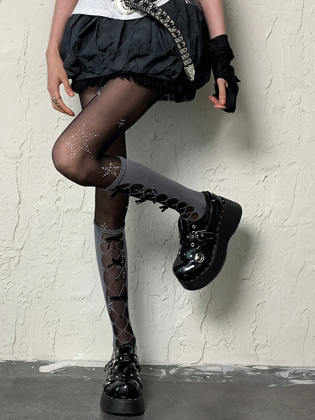 Y2K Unterkniestrümpfe in Grau mit Cut-out-Design und Schleife