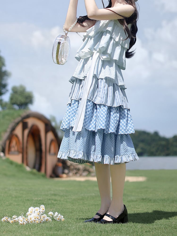 Blau mit Patchwork Urlaub Taille ärmelloses Kleid Stufenrock Gürtel