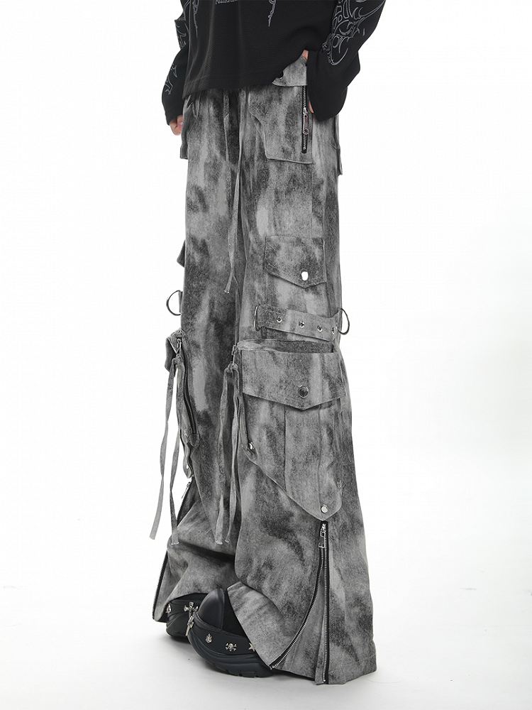 Gray/Green Faded Vintage Dark Wash Wide-Leg Cargo Jeans with Zippered Cuffs