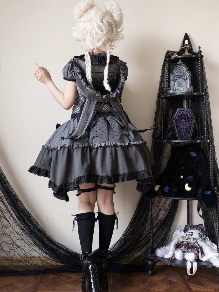 Detachable Bodice Gray Dark Overall Hood Plaid Lolita Ears Bunny Dress with Pattern