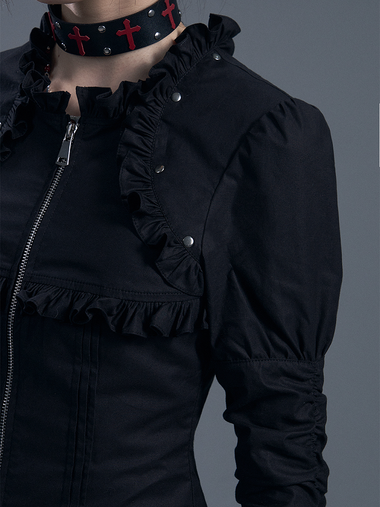 Lace-Trimmed Zipped Black Gothic Vintage Top