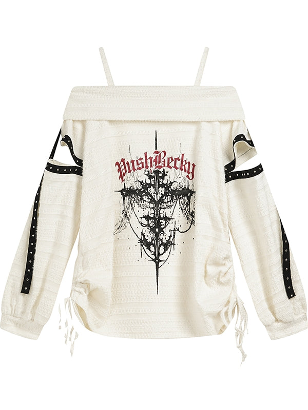 Y2K Black/White Cross Print Cutout Detail Off-the-shoulder Neckline Punk Top