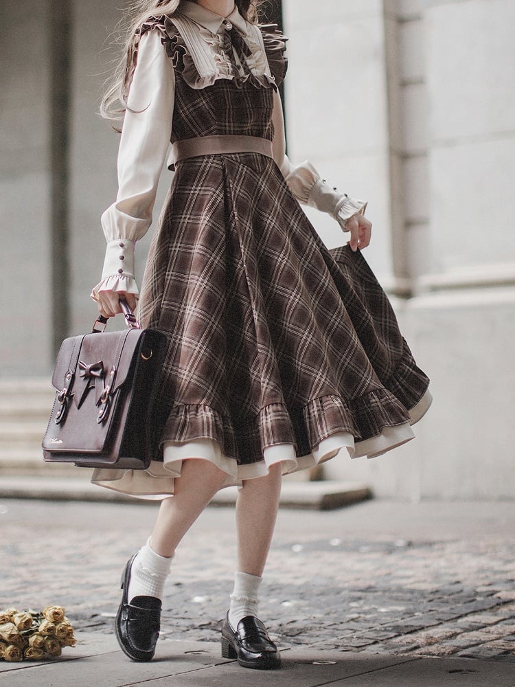Two-pieces Fake Pattern Plaid Belt with Dress Brown