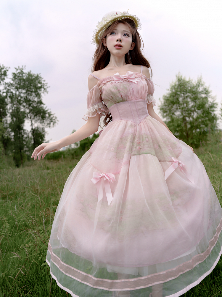Painting Dress with Organza Overlay Oil Pink Water Lily Print Basque Waist Light