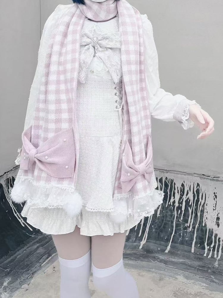 Bowknots Pink Trim Jirai with Kei Beaded Lace Pompons White Plaid Scarf and