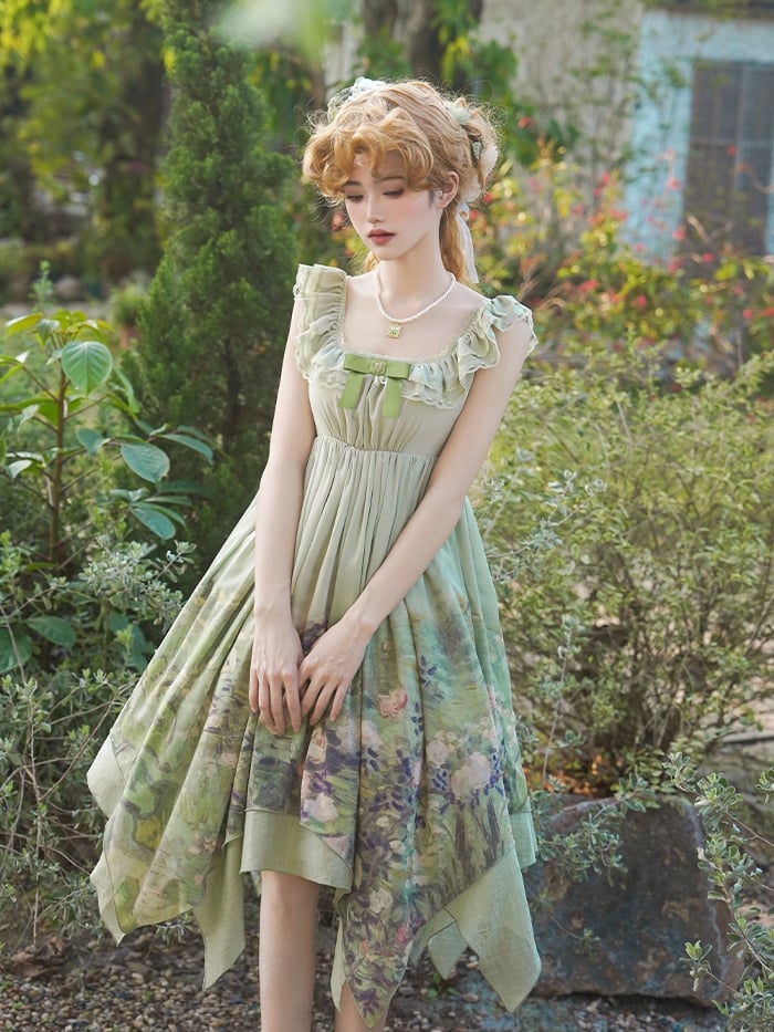 Hem JSK Set Painting Waist Print Handkerchief Lolita Roses Green Empire Oil