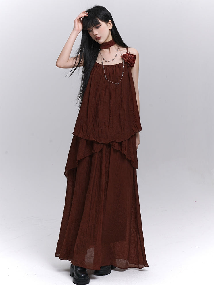 with Scarf Embellished Wine Red Floral / Cami Top