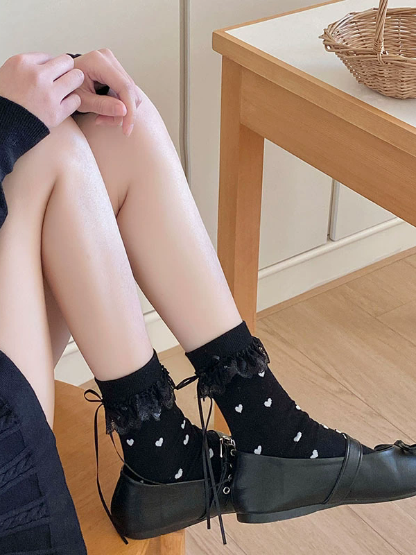 Lace Black/White/Yellow/Gray Cuffs Details Socks Calf Heart Print Ruffled Bowknot
