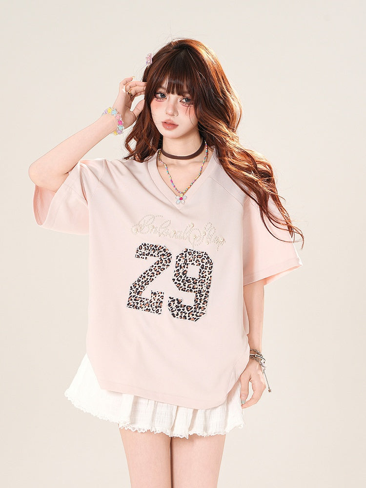 Pink Beaded Letter Leopard Pattern Number V-Neck T-Shirt