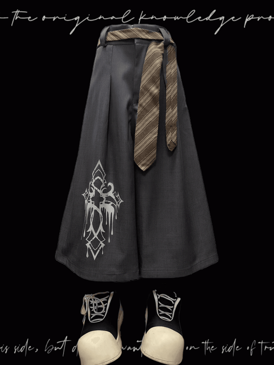 Wide-Leg Pants Gray Cross Print Vintage