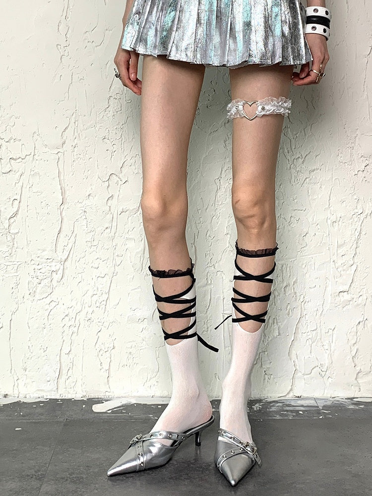 Straps Stockings Crisscross Y2K Underknee Self-tie Black/White