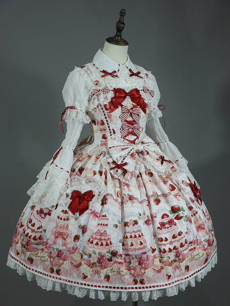 Sweet Bow JSK Full Lolita Accents Print / White Desserts and Set Strawberry