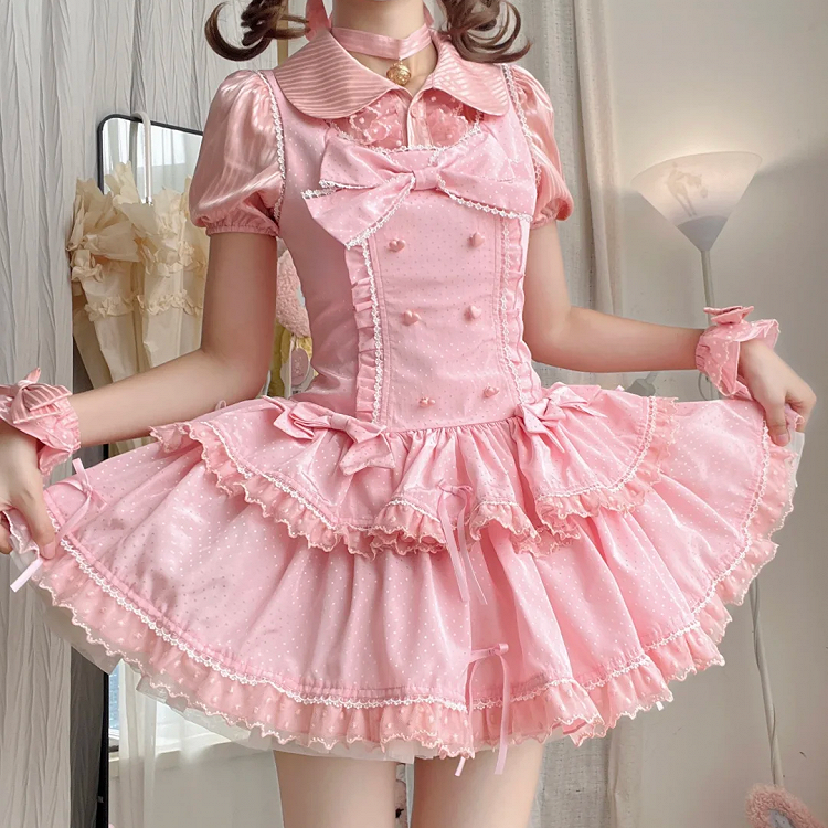 Bow Pink Accents Dots Lolita Old School Dress Shimmer Polka Sweet