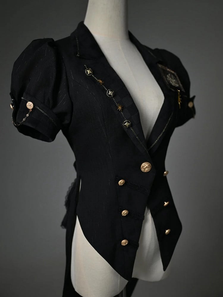 Sleeves Top Puff Blazer Black Split-Tail Short Collar
