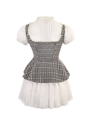 Kleid Muster Plaid Schwarz Faux Weiß Zwei-Stück Mit