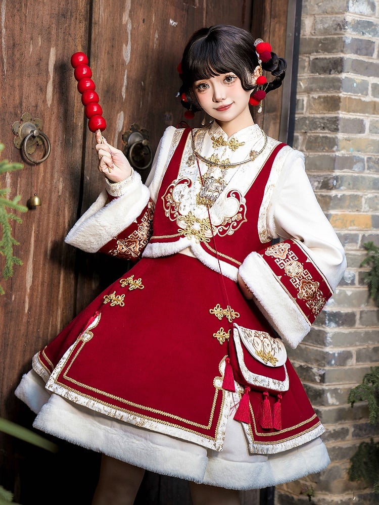Red New Year Knot Buttons Banded Collar Lolita Dress Vest Tassels Crossbody Bag Full Set