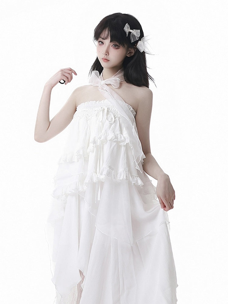 Tiered Skirt Free White Handkerchief Hem Strapless Dress Ways Wear with Bowtie Two