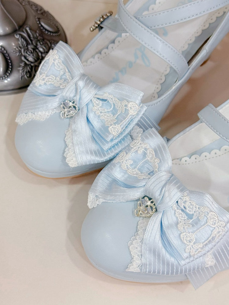 High Buckle Blue Design Heels Heart Crisscross Top Light at Bow