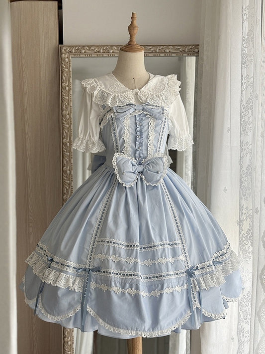 Lolita Old Edge Blauer Pullover Kleid Rock Schulbesatz Gewellter Saum