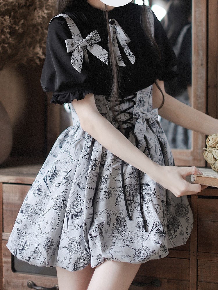 Gray Jacquard Lace-up Waist Overall Bubble Skirt