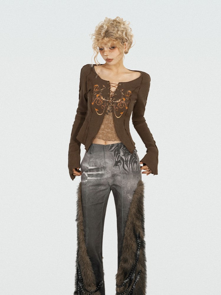 Vintage Top Patch Knit Front Coffee with Crossover Butterfly Off-Shoulder Lace-Up