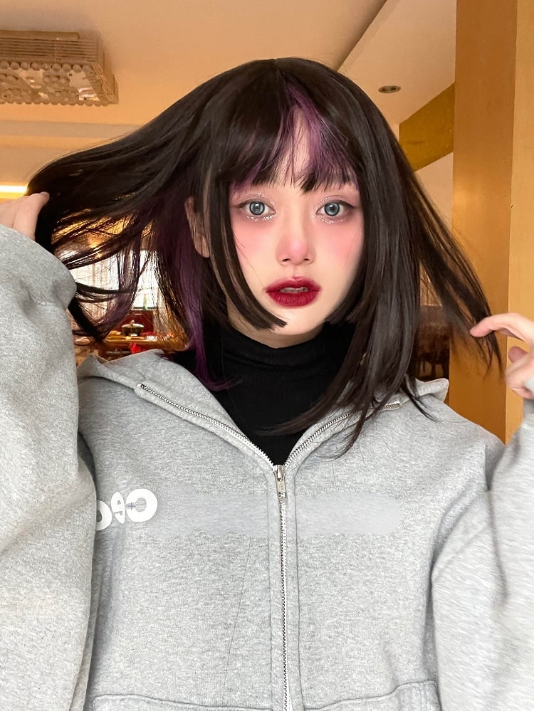 With Length Purple 56CM Wig Bangs And Black Straight Air Highlight
