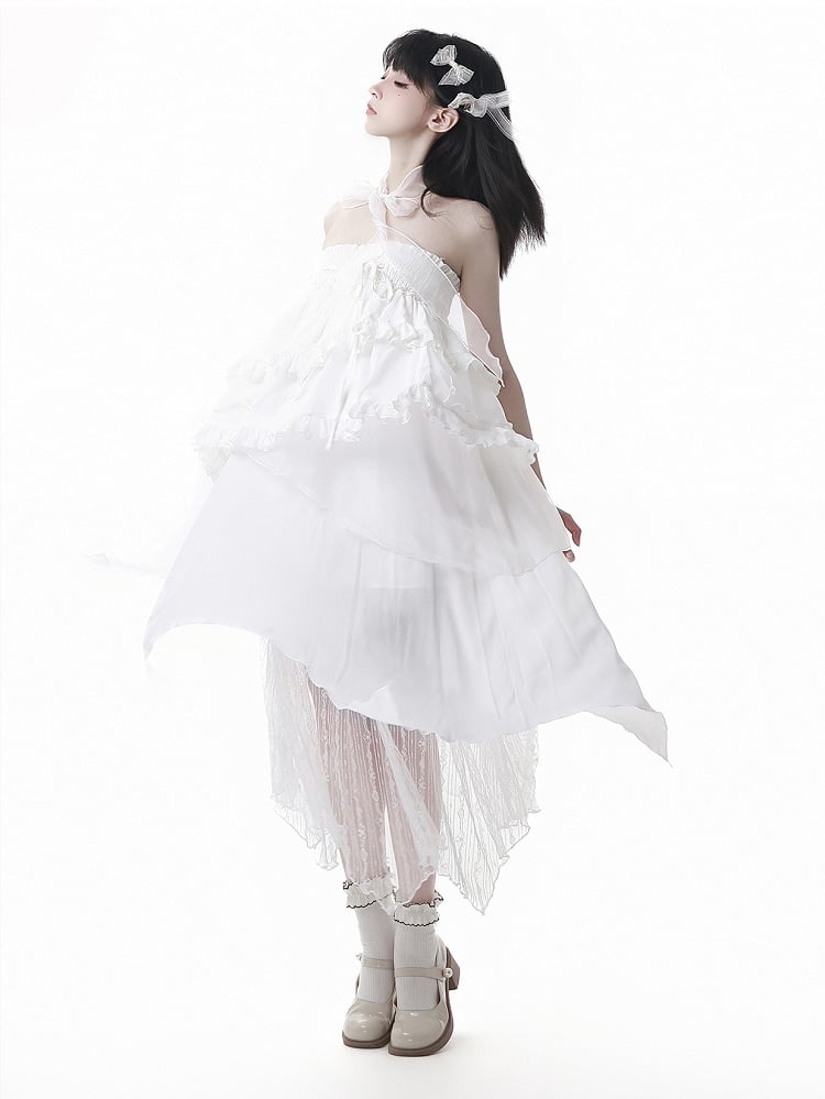Skirt White Elastic Waist Handkerchief Hem Lace Under