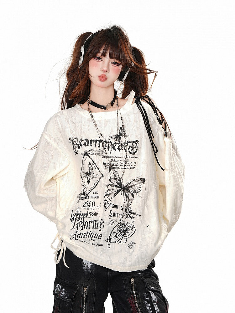 Apricot Slouchy Knit Top with Shoulder Cutout and Lace-Up Strap