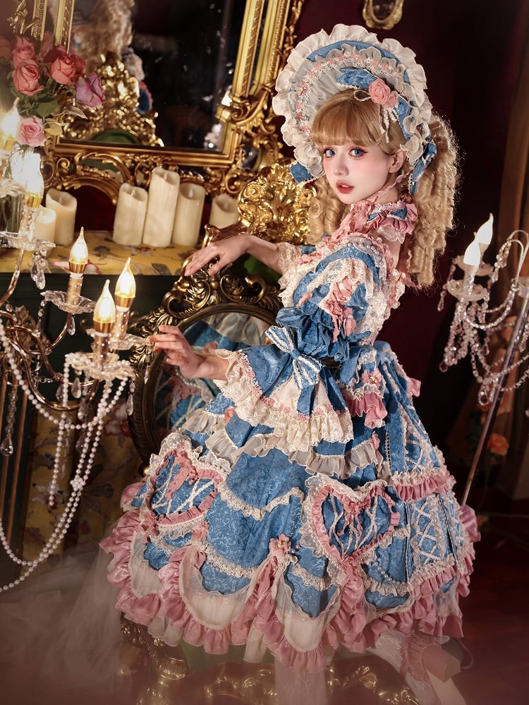 Blue Hanayome Rosette Embroidery Floral and Bead Chain Details Lolita OP Full Set