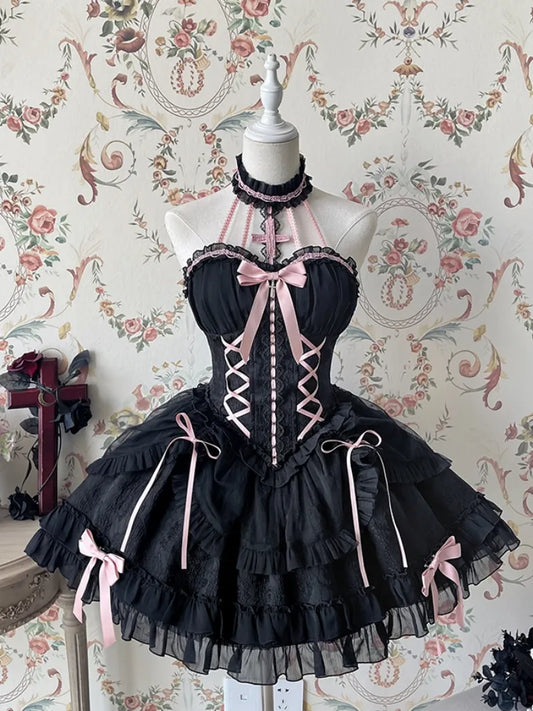 Cross Belle – Schwarzes und rosa Neckholder-Korsettkleid, Balletcore, Lolita, JSK