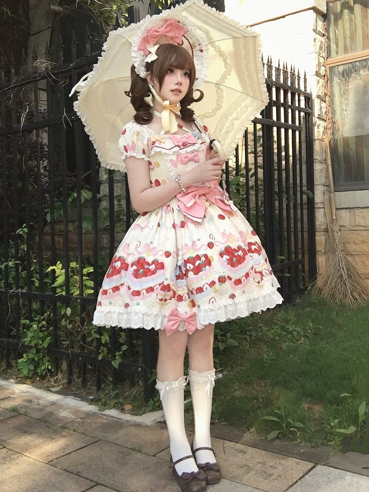 Lolita Short One White Sleeves Piece Sweet Dress Creamy Strawberry Print Cute Cake