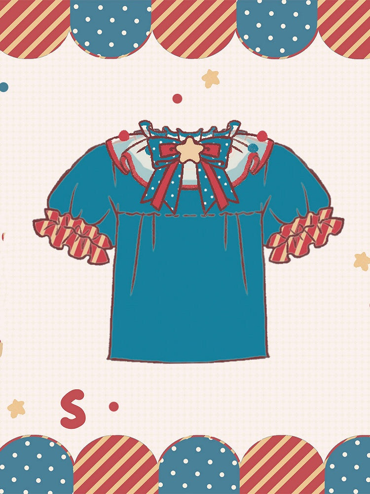 Kragen und Ärmel Süße Bluse Puff Blau Pompons Dunkelrot