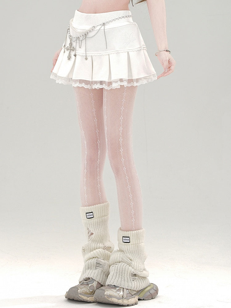 Mini Pleat Box Skirt Lace Trim Apricot