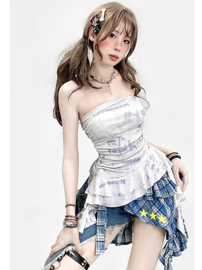 Bittersweet Asymmetrical Glamorous Letter White Hem Print Strapless Top