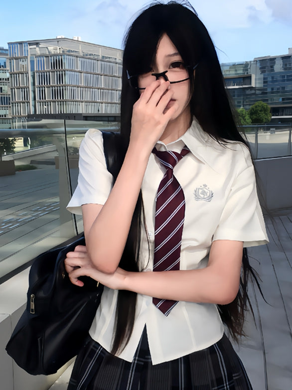 Badge Embroidered Preppy Uniform Sleeves Style JK White Short Shirt