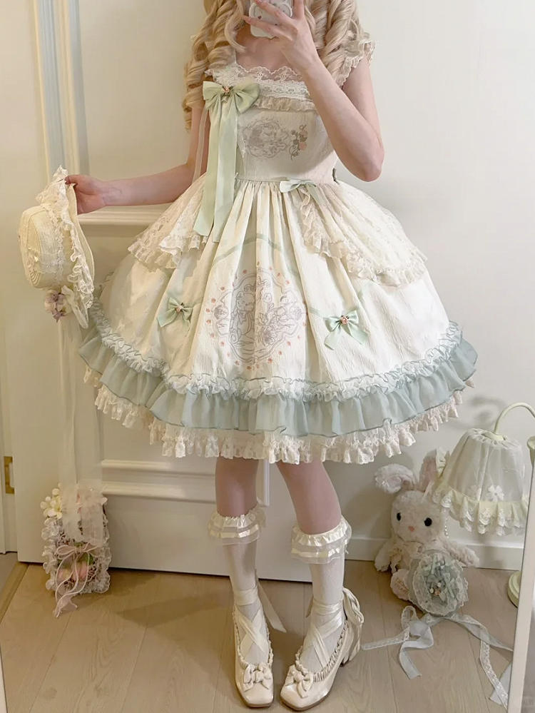 Hoher Rock mit Blumenmuster, Teddy-Stickerei, Lolita-Pullover und Schleife aus Stoff