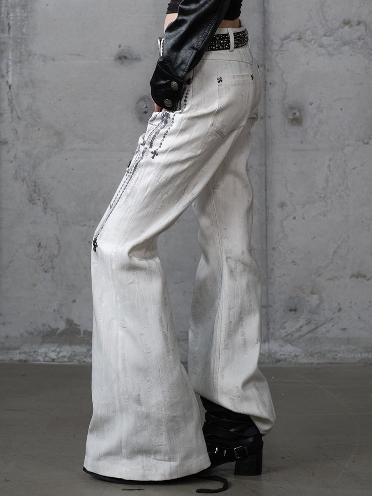 with Chain Studs Print Punk Cross Pants Button-Up Wide-Leg Fly White