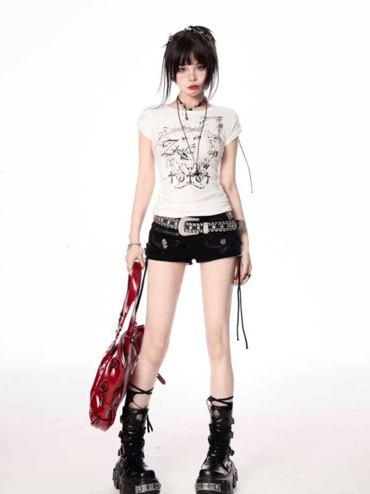 Slim-fitting Denim Shorts Black Low Waist Lace-up Hem