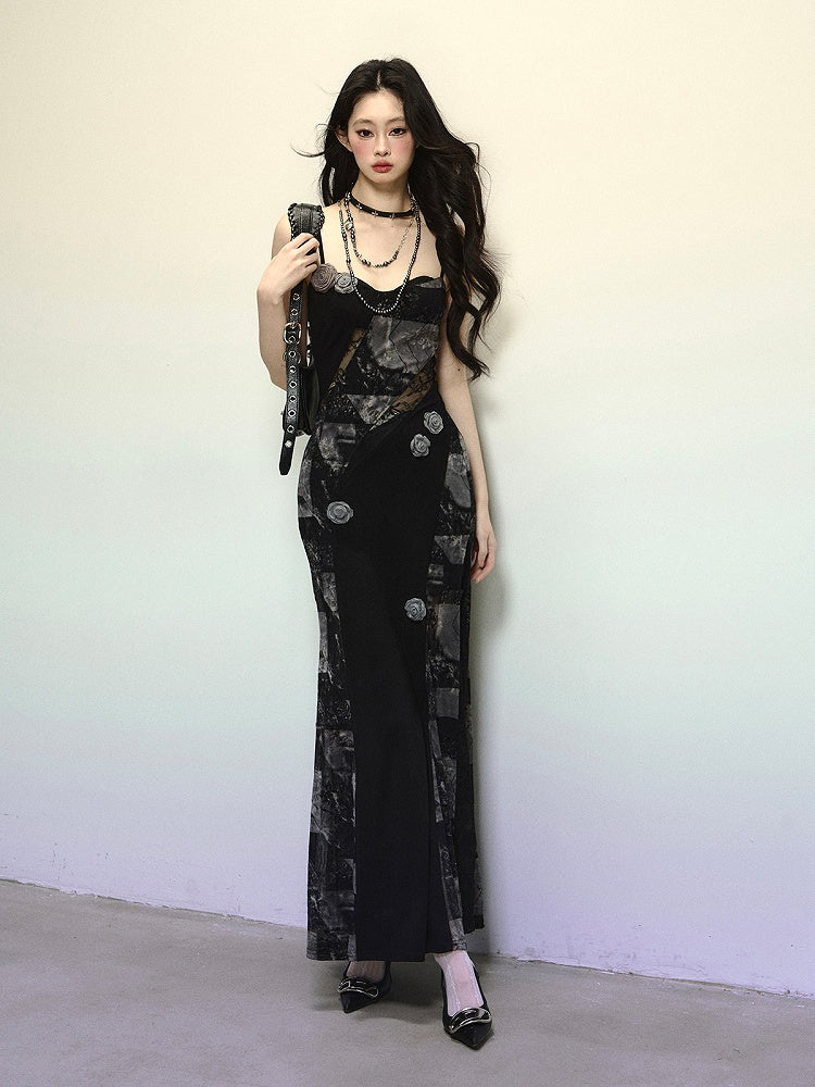 Black Floral Embellished Lace Patches Slim-fitting Cami Dress