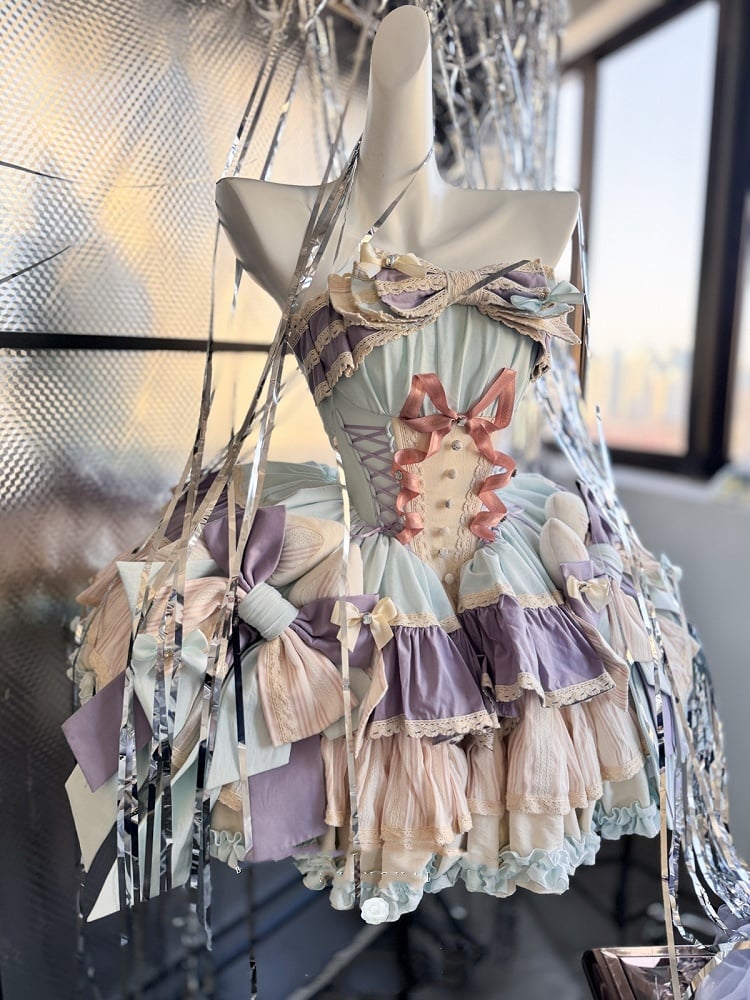 Purple Bowknots Skirt Big Lace-up Basque Waist Tiered Ruffle Sweet Lolita Dress and with Blue on