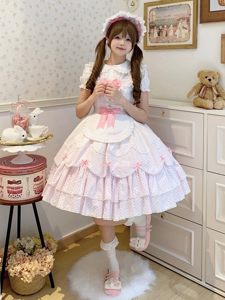 Pink Dots White Pattern Bonnet / Polka